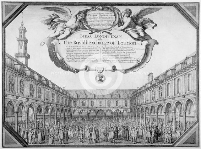 Interior view of the Royal Exchange filled with figures, City of London, 1644.                       Artist: Wenceslaus Hollar
