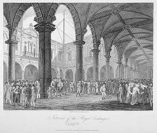 Interior view of the Royal Exchange with figures in the courtyard, City of London, 1805. Artist: John Greig
