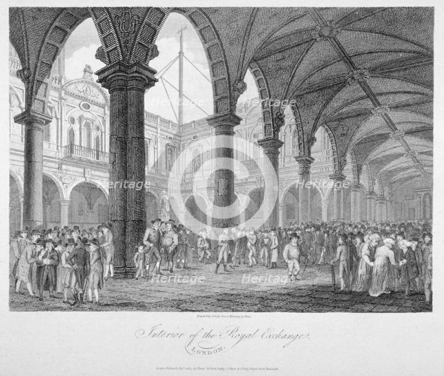 Interior view of the Royal Exchange with figures in the courtyard, City of London, 1805. Artist: John Greig