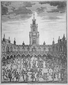 Interior view of the Royal Exchange with merchants, City of London, 1729. Artist: Sutton Nicholls