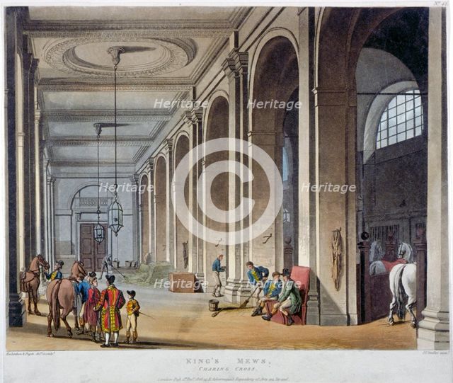Interior view of the royal stables, King's Mews, Charing Cross, Westminster, London, 1808.           Artist: Augustus Charles Pugin