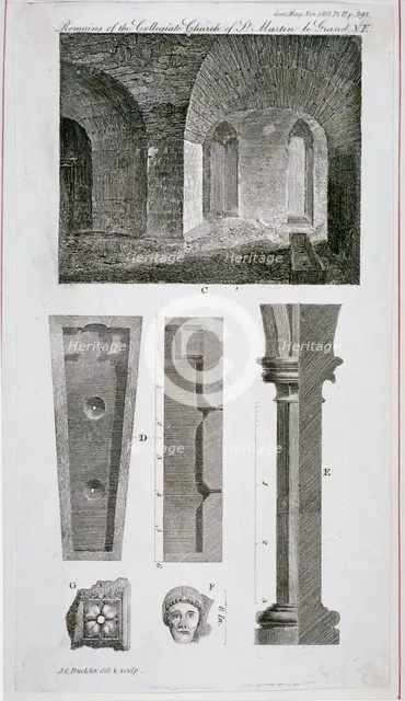Interior view of the remains of the Church of St Martin's le Grand, City of London, 1818. Artist: John Chessell Buckler