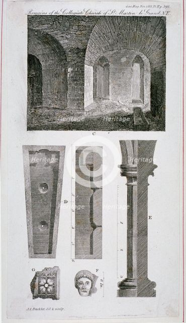 Interior view of the remains of the Church of St Martin's le Grand, City of London, 1818. Artist: John Chessell Buckler