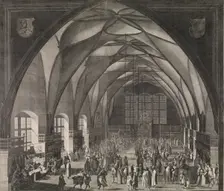 Interior View of Vladislav Hall at Prague Castle during the Annual Fair, 1607., 1607. Creator: Aegidius Sadeler II