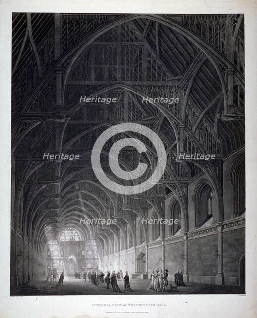 Interior view of Westminster Hall showing the fine hammerbeam roof, London, 1801.                    Artist: George Hawkins