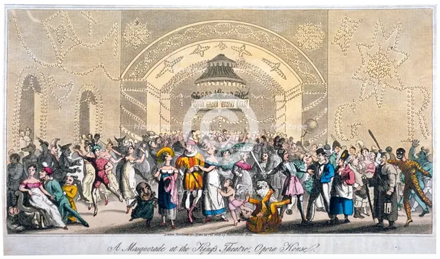 Interior view of a masquerade at the King's Theatre, Haymarket, London, 1821.                        Artist: Anon