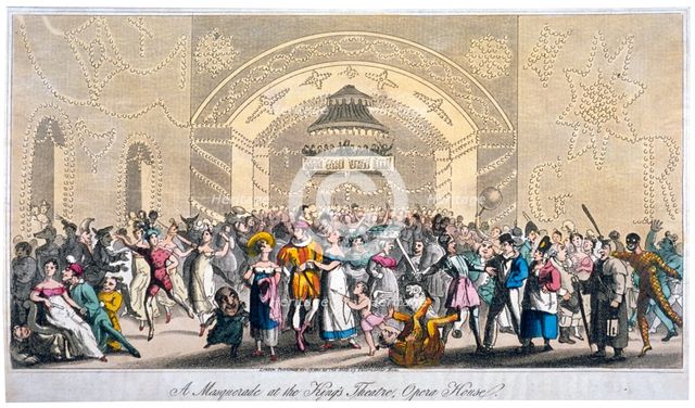 Interior view of a masquerade at the King's Theatre, Haymarket, London, 1821.                        Artist: Anon