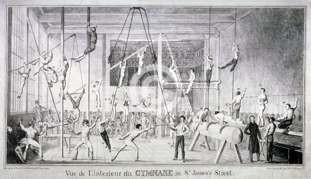Interior view of a gymnasium, 26 St James's Street, Westminster, London, c1830. Artist: Robert Seymour