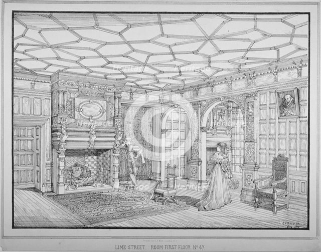 Interior view of first floor room of no 47 Lime Street, City of London, 1875. Artist: George H Birch