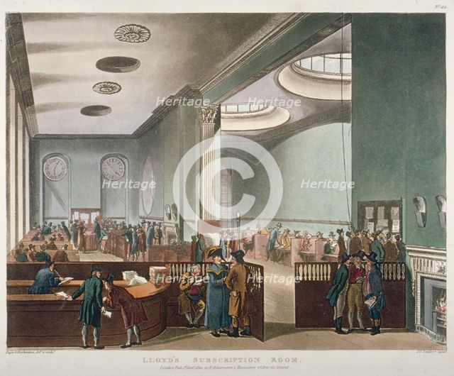 Interior view of Lloyds Subscription Room in the Royal Exchange, City of London, 1809. Artist: Augustus Charles Pugin