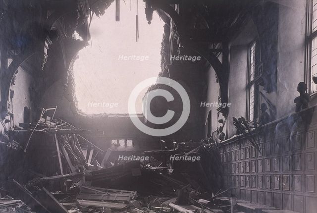 Interior view of Middle Temple Hall, City of London, after an air raid, c1941. Artist: Anon