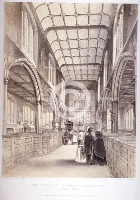 Interior view of St Andrew Undershaft, City of London, 1841. Artist: Thomas Goldsworth Dutton   