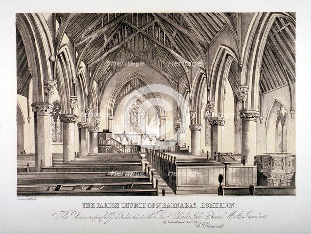Interior view of St Barnabas Church, Homerton, Hackney, London, c1850. Artist: CJ Greenwood