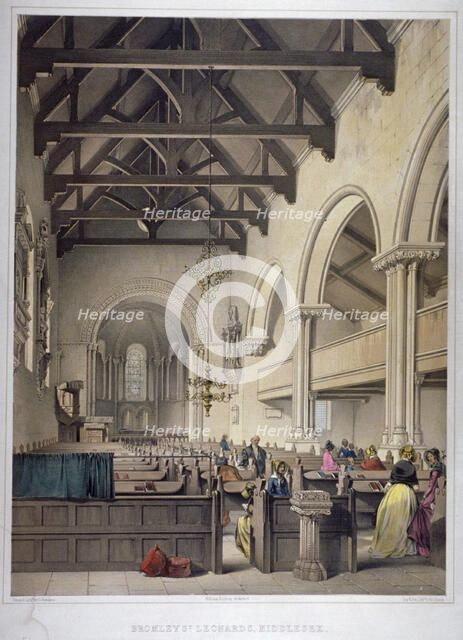 Interior view of St Leonard's Church, Bromley-by-Bow, London, c1860. Artist: George Hawkins