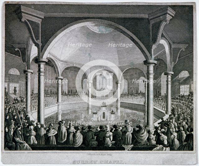 Interior view of Surrey Chapel with a service taking place, Southwark, London, c1815. Artist: J Wilmshurst