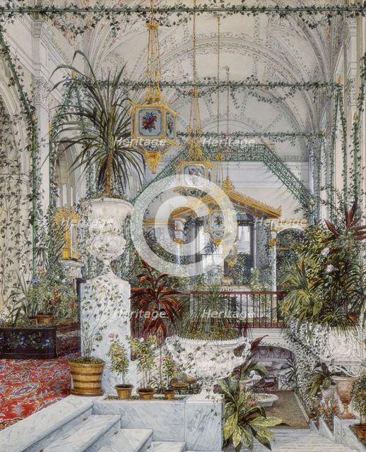 Interiors of the Winter Palace. The Winter Garden of Empress Alexandra Fyodorovna, 1860s. Artist: Ukhtomsky, Konstantin Andreyevich (1818-1881)