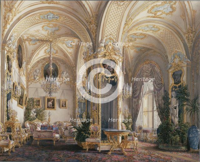 Interiors of the Winter Palace. The Drawing Room in Rococo Style with Cupids, 1860s. Artist: Hau, Eduard (1807-1887)