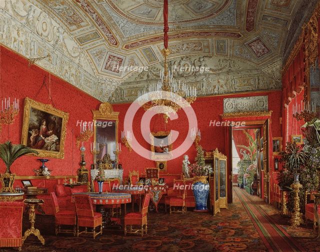 Interiors of the Winter Palace. The Large Drawing Room of Empress Alexandra Fyodorovna, 1858. Artist: Hau, Eduard (1807-1887)