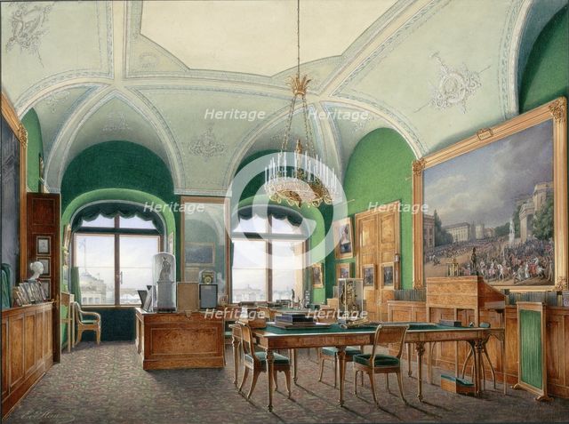 Interiors of the Winter Palace. The Large Study of Emperor Nicholas I, 1860s. Artist: Hau, Eduard (1807-1887)