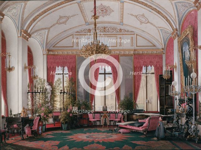 Interiors of the Winter Palace. The Raspberry Study of Empress Maria Alexandrovna, 1860s. Artist: Hau, Eduard (1807-1887)