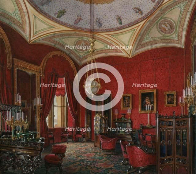 Interiors of the Winter Palace. The Study of Empress Alexandra Fyodorovna, Mid of the 19th cen.. Artist: Hau, Eduard (1807-1887)