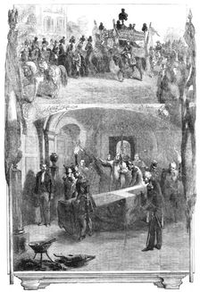 Interment of Marshal St. Arnaud in the Vault of the Marshals of France, beneath the Church..., 1854. Creator: Smyth