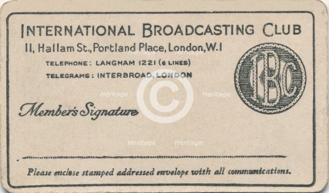 'International Broadcasting Club: Membership card', c1930s. Artist: Unknown.
