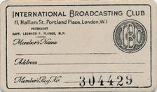 International Broadcasting Club: Membership card c1930s