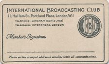 International Broadcasting Club: Membership card c1930s