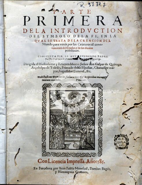 Introduction of the 'Symbol of faith', cover of the first printed part in Barcelona in 1585, work…
