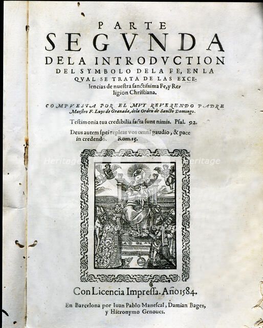 Introduction of the 'Symbol of faith', cover of the second part of the work by Fray Luis de Grana…