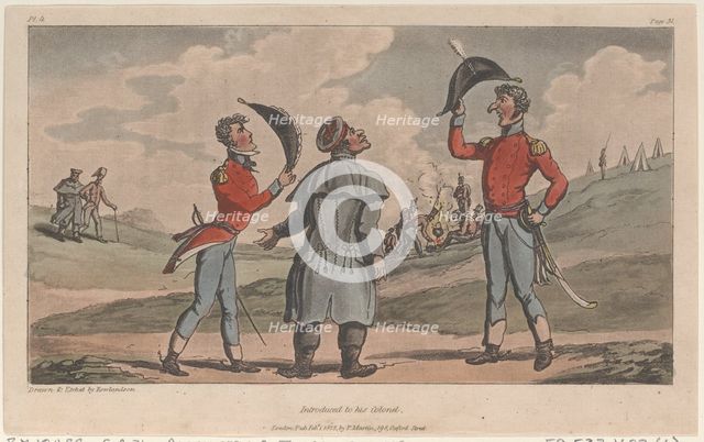 Introduced to his Colonel, from "The Military Adventures of Johnny Newcome", 1815., 1815. Creator: Thomas Rowlandson.