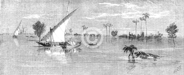 Inundation of the Nile: view below Kafr Zayat, showing the railway-bridge, and train off..., 1861. Creator: Richard Principal Leitch.