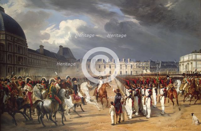 Invalid handing a petition to Napoleon at the parade in the court of the Tuileries Palace, 1838. Creator: Emile Jean-Horace Vernet.