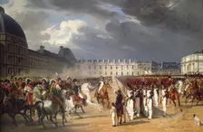 Invalid handing a petition to Napoleon at the parade in the court of the Tuileries Palace, 1838. Creator: Emile Jean-Horace Vernet