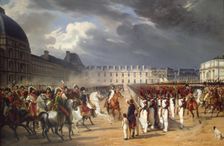 Invalid handing a petition to Napoleon at the parade in the court of the Tuileries Palace, 1838. Creator: Emile Jean-Horace Vernet
