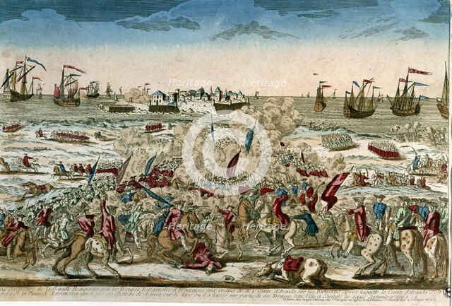 Invasion of Portugal. (1762). 'Taking of Salvatierra on September 16, 1762', colored engraving.