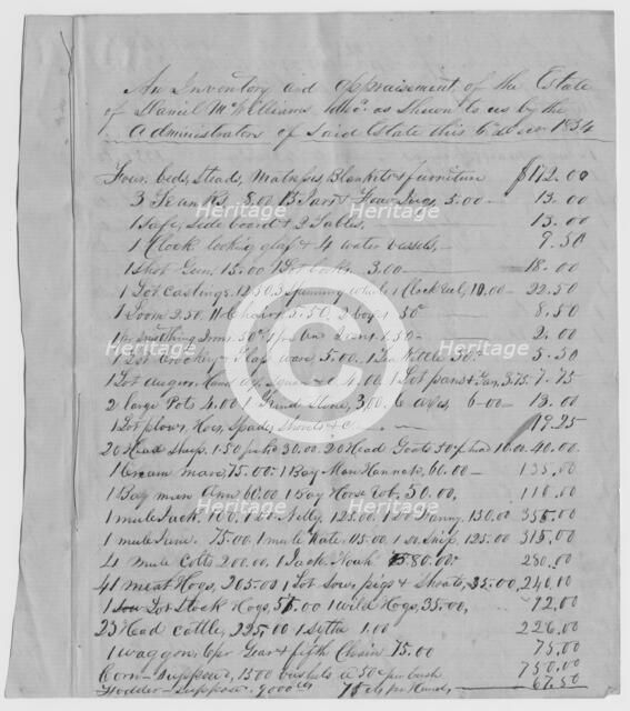 Inventory and appraisement of the estate of Daniel McWilliams, 1854-12-06. Creator: Unknown.