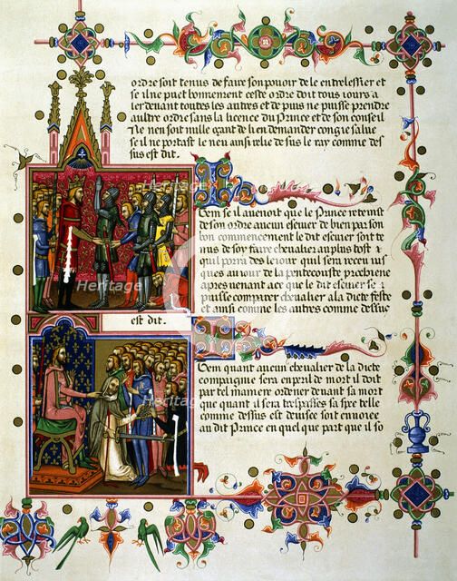 Investiture of a gentleman. Delivery of the sword. Page of the 14th century manuscript 'Order of …