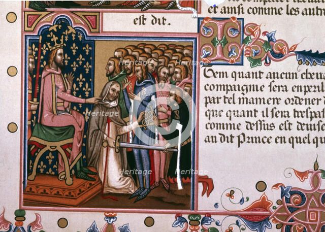 Investiture of a gentleman, page of a 14th century manuscript entitled 'Order of the Holy Spirit'.