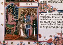 Investiture of a gentleman, page of a 14th century manuscript entitled Order of the Holy Spirit