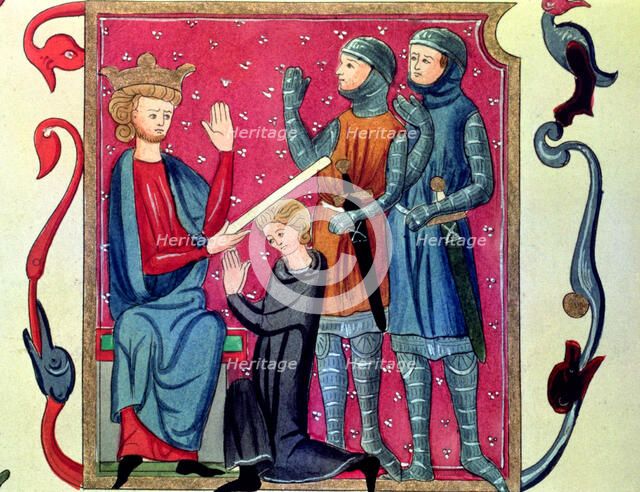 Investiture of a knight. Miniature in the 'Codex of Metz', 1290.