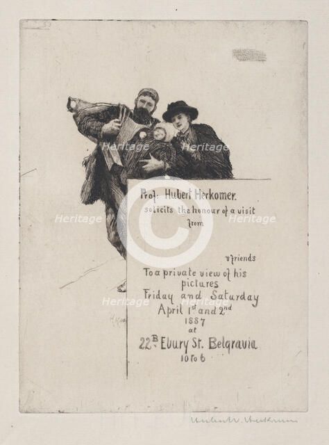 Invitation with vignette from "The First Born" (with text), 1887., 1887. Creator: Hubert von Herkomer.