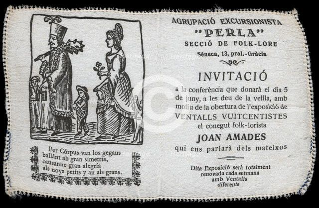 Invitation made in silk for the exhibition of 19th century fans organized by Joan Amades. Barcelo…