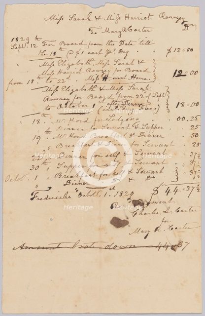 Invoice and receipt for room and board of Sarah and Harriet Rouzee and "servant", October 1829. Creator: Unknown.