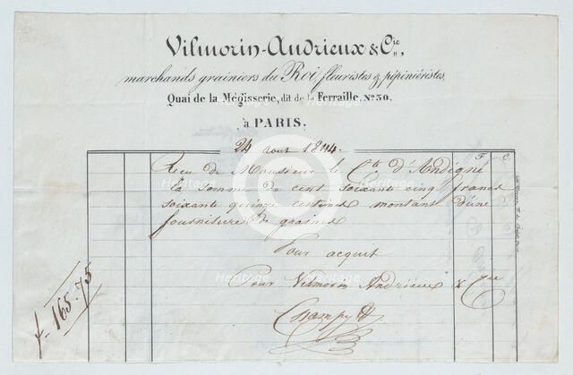 Invoice from Vilmorin-Andrieux et Cie, Paris, for seed supplies to the Count of..., August 24, 1844. Creator: Unknown.
