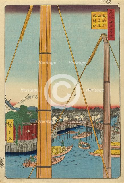Inari Bridge and Minato Shrine, Teppozu (Teppozu Inaribashi Minato Jinja), from the series..., 1857. Creator: Ando Hiroshige.