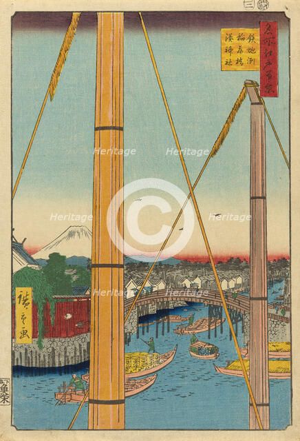 Inari Bridge and Minato Shrine, Teppozu (Teppozu Inaribashi Minato Jinja), from the series..., 1857. Creator: Ando Hiroshige.