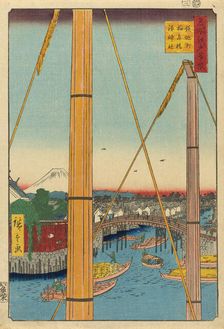 Inari Bridge and Minato Shrine, Teppozu (Teppozu Inaribashi Minato Jinja), from the series..., 1857. Creator: Ando Hiroshige