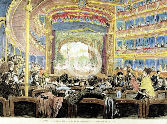 Inauguration of the Comedy Theatre in 1875, colored engraving 'La Ilustración Española y Americana'.